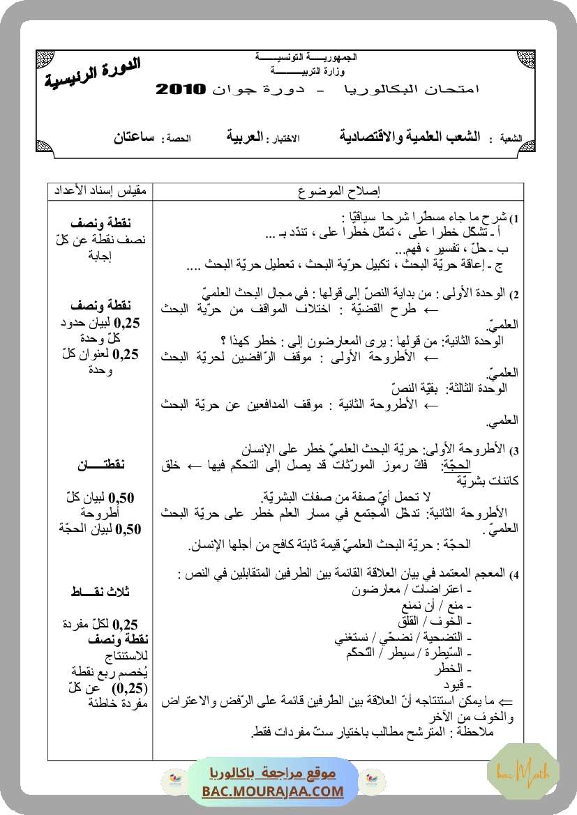 Corrigé principale arabe Bac 2010 – Section math